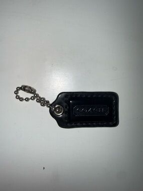 Coach Black Leather Tag Keychain with Silver Chain